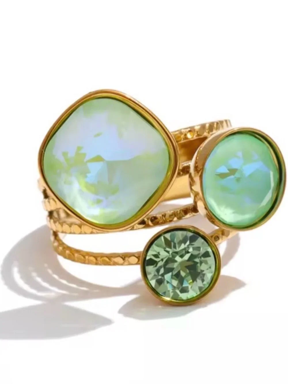 Gold Plated Ring with Lime Green and crystal Stones